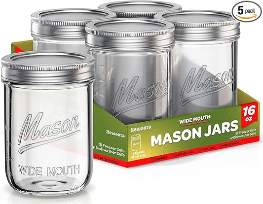 SEWANTA Wide Mouth Mason Jars 16 oz [5 Pack] With Mason Jar Lids and Bands, Mason Jars 16 oz - For Canning, Fermenting, Pickling - Jar Décor - Microwave/Dishwasher Safe.