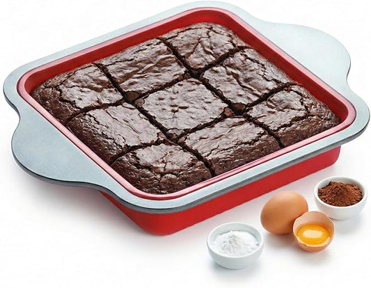 Boxiki Kitchen Non-Stick Silicone 8x8 Square Cake and Brownie Pan with Easy Grip Steel Frame Handles - Easy to Release, Oven & Dishwasher Safe