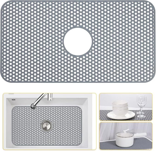Bestjing Silicone Sink Protectors for Kitchen Sink with Center Drain, 26'' x 14'' Kitchen Protector Accessory, Non-Slip Grid Mat for Bottom of Farmhouse Porcelain Stainless Steel (Center Hole)