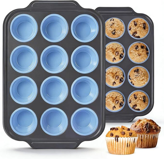 Boyun Silicone Muffin Pan for Baking,No-Spill Easy-Transfer Design,Reinforced Steel Frame, Non-Stick & Dishwasher Safe,12-Cup Regular Size Muffin & Cupcake Pan Bakeware for Oven (Blue 2pcs)
