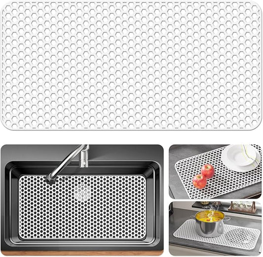Bestjing Silicone Sink Protectors for Kitchen Sink - 28.3"x 15.7" Kitchen Protector Accessory, Non-Slip Heat Resistant Mat for Bottom of Farmhouse Stainless Steel Porcelain (White)