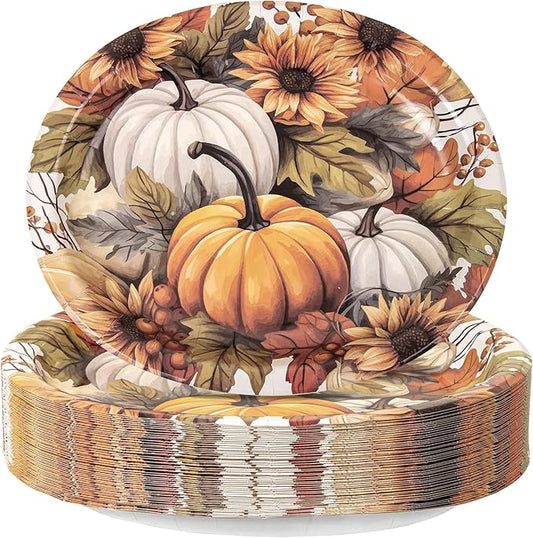 WDF 50Pack Thanksgiving Paper Plates - 10" x 12" Heavy Duty Pumpkin Paper Plates Disposable for Thanksgiving/Fall Party