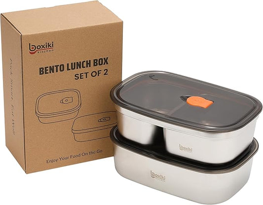 Boxiki Kitchen Bento Lunch Box Set of 2 pcs – Leakproof, BPA Free, Dishwasher Safe Lunch Containers with Compartments – Reusable Bento Box for Adults