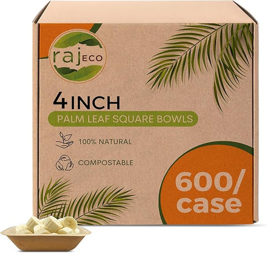 Raj Disposable Palm Leaf Bulk Bowls 4" Square Bowls(6 CASES - 600 PACK) Strong Bowl Like Bamboo Party Bowl - Decorative Compostable Tableware for Lunch, Dinner, Birthday, Outdoor, BBQ, Picnic.