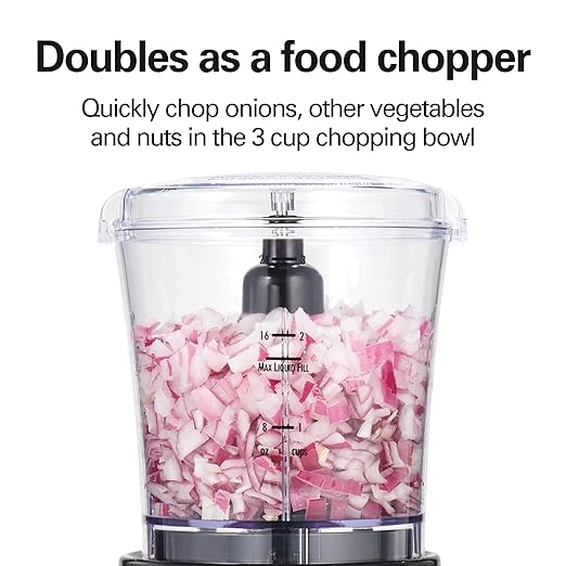 Hamilton Beach Power Elite Blender for Smoothies with 3-Cup Vegetable Chopper, Mini Food Processor, 40oz Glass Jar, 12 Functions for Puree, Ice Crush, Black and Stainless Steel (58149)
