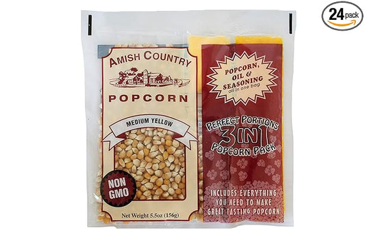 Amish Country Popcorn | All-In-One Medium Yellow Kernel Popcorn Packs | Pre-Measured for Popcorn Machines and Includes Hulless Popcorn, Oil & Salt (5.5 ounce, Pack of 24)