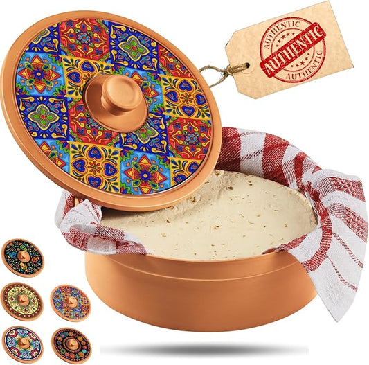 Authentic Terracotta Tortilla Warmer w Decorative Lid, Mexican Terra Cotta Tortillas Holder w Warmer Cloth, Traditional Clay Tortilla Container Heater & Tortillero - Mediterranean Talavera