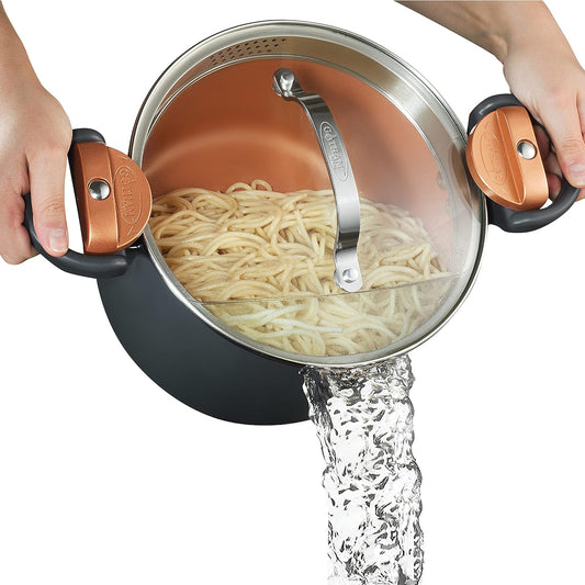 GOTHAM STEEL 5 Qt Ceramic Stock Pot Multipurpose Pasta Pot with Strainer Lid & Twist and Lock Handles, Nonstick Ceramic for Soup, Spaghetti, Rice, Pots for Kitchen, Dishwasher Safe - Copper
