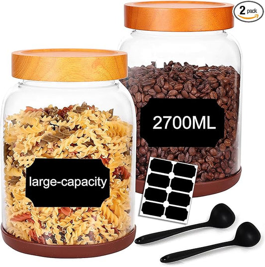 SAIOOL Screw Large Glass Storage Jars with Lids (2-Pack) - Diam15cm xH 20cm Airtight Containers for Bulk Foods, Cookies, Pet Treats, Includes Spoon & Label Kit (Tall Size)