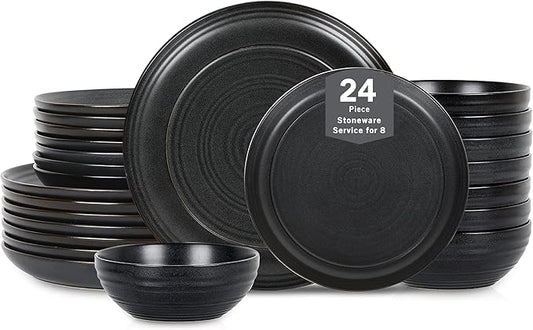 Stone Lain Elio 24-Piece Dinnerware Set Stoneware, Plates and Bowls Set, Dish Set for 8, Black