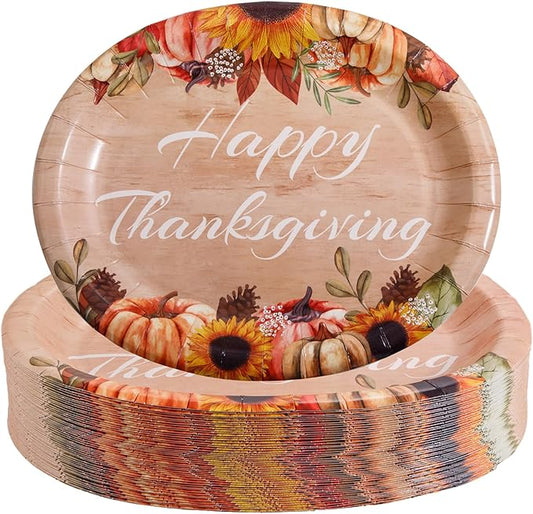 WDF 50Pack Thanksgiving Paper Plates - 10" x 12" Oval Paper Plates Dinner Size Large Disposable Platter Heavy Duty For Happy Thanksgiving Serving Tray Autumn Fall Harvest Party Supply