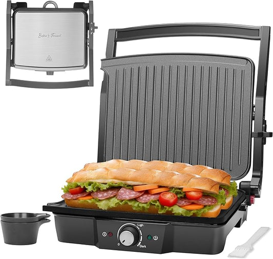 Baker’s Friend Panini Grill Press Sandwich Maker, 4-Slices Panini Press Maker, Grill Cheese Sandwich Maker, Indoor Grill Electric, Non Stick Surfaces, Stainless Steel