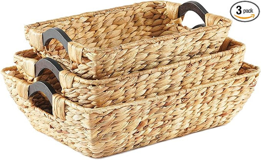 Greenatural Water Hyacinth Storage Baskets Set of 3, Handwoven Rectangular Organizer with Wooden Handles, 3 Different Sizes, Nested Wicker Baskets for Shelf, Bathroom, Kitchen, Office, Natural Decor