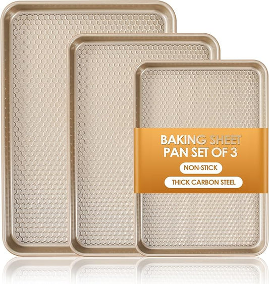 Baking Sheet Pan Set of 3, Nonstick Carbon Steel Cookie Sheets with Texture, Commercial Half/Quarter/Jelly Roll Pans Replacement Toaster Oven Tray, Heavy Duty & Easy Clean, Champagne Gold