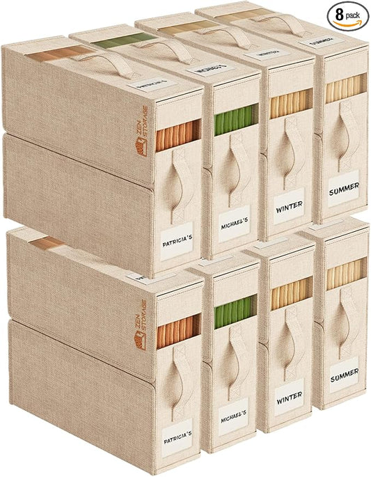 8Pack Sheet Organizers for Linen Closet - King/Queen Size Bedding Storage Boxes with Clear Window | Foldable, Dustproof Linen Organizer for Blankets & Sheet Sets,Beige