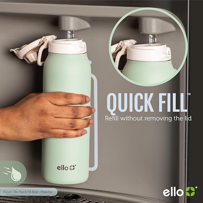 Ello Pop & Fill 22oz Stainless Steel Water Bottle with Quick Fill Technology, Double Walled and Vacuum Insulated Metal, Leak Proof Locking Lid, Sip and Chug, Reusable, BPA Free, Cherry Breeze