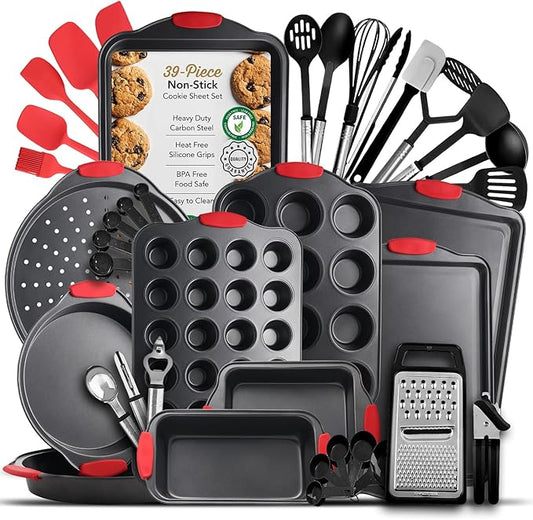 Baking Pan Set, 39 Piece Premium Baking Set, Nonstick Bakeware Sets BPA Free, Cookie Sheets for Baking Nonstick Set, Steel Baking Sheets for Oven with Muffin Pan, Cake Pan & Black Kitchen Utensils