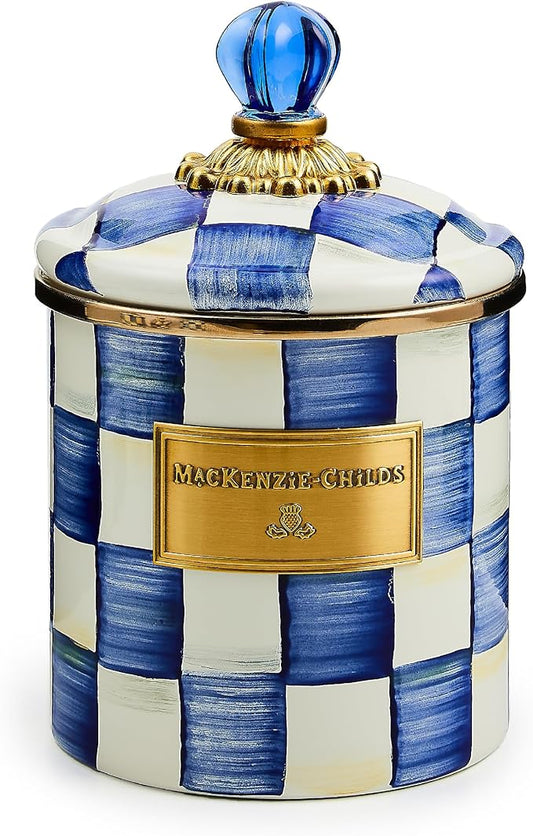 MACKENZIE-CHILDS Small Enamel Canister, Kitchen Storage Container for Flour and Sugar, 1.13 Liters, Blue-and-White Royal Check