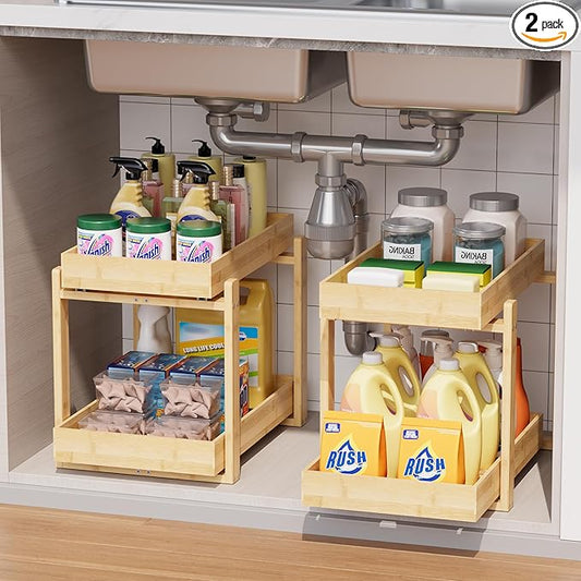 Bamboo Wood Under Sink Organizer 2 Pack, Pull Out Cabinet Organizer 2 Tier Under Sink Organizers and Storage with Sliding Drawer Sturdy Easy Assembly for Kitchen Bathroom Undersink, Natural