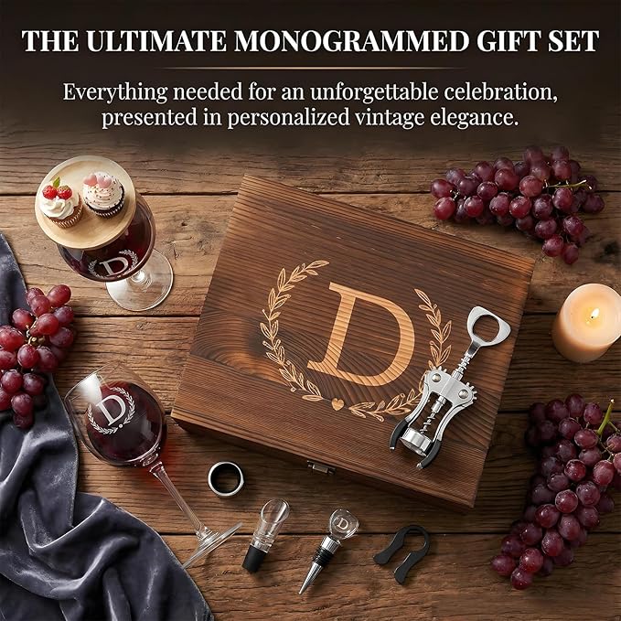 GZLDGIFTS Personalized Initial Wine Glasses Box Gift Set for Women Mom Engraved Birthday Monogrammed Wooden Wedding Anniversary Wine Couples Stopper Opener Initial Letterr (P Set)