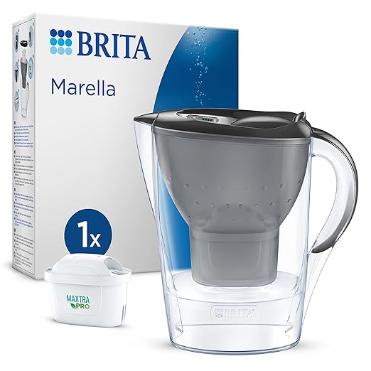 BRITA Marella Water Filter Jug Graphite (2.4L) incl. 1x MAXTRA PRO Pure Performance Cartridge - Fridge-Fitting jug with Digital LTI and Flip-Lid - Now in Sustainable Smart Box Packaging