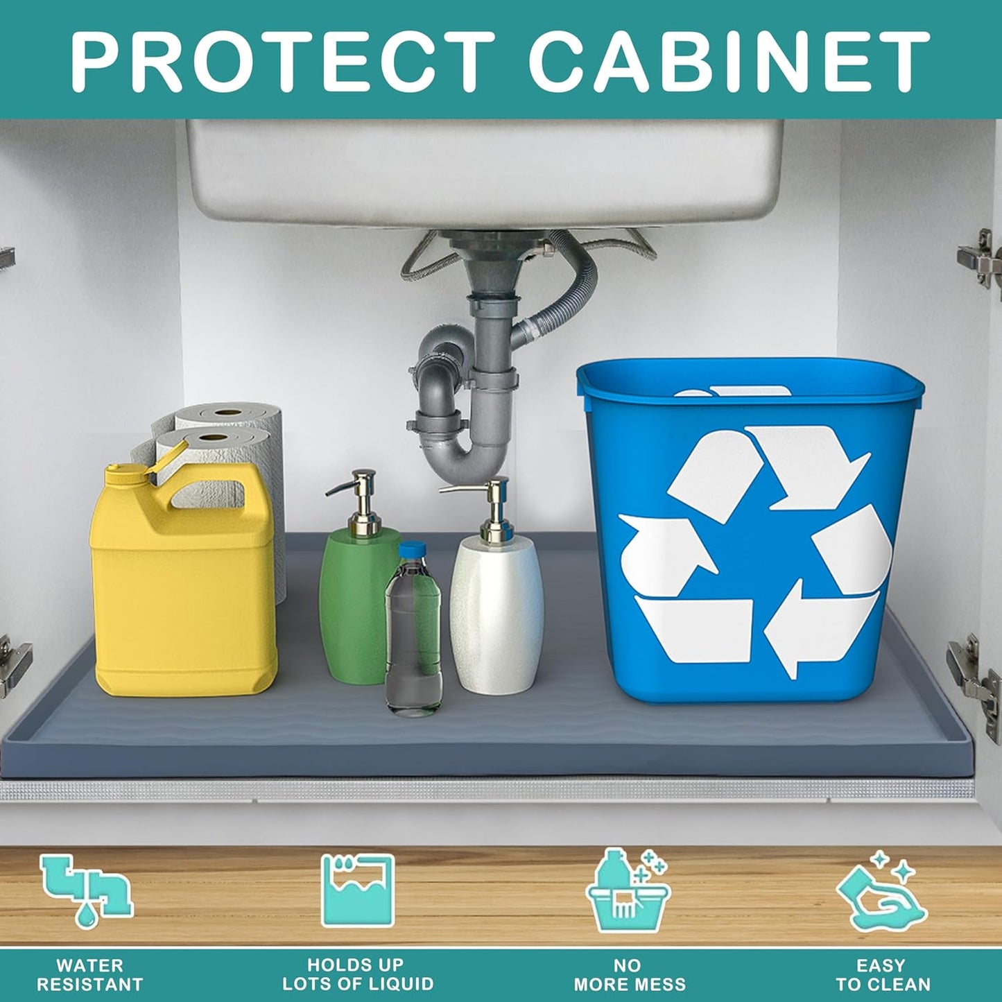 URMONA Waterproof Silicone Under Sink Mat 19'' x 12'' Shelf Liner for Kitchen and Bathroom, Cabinet and Counter Protector, Storage and Organizers, Litter Mat, Pet Cat Puppy Essentials(Beige)
