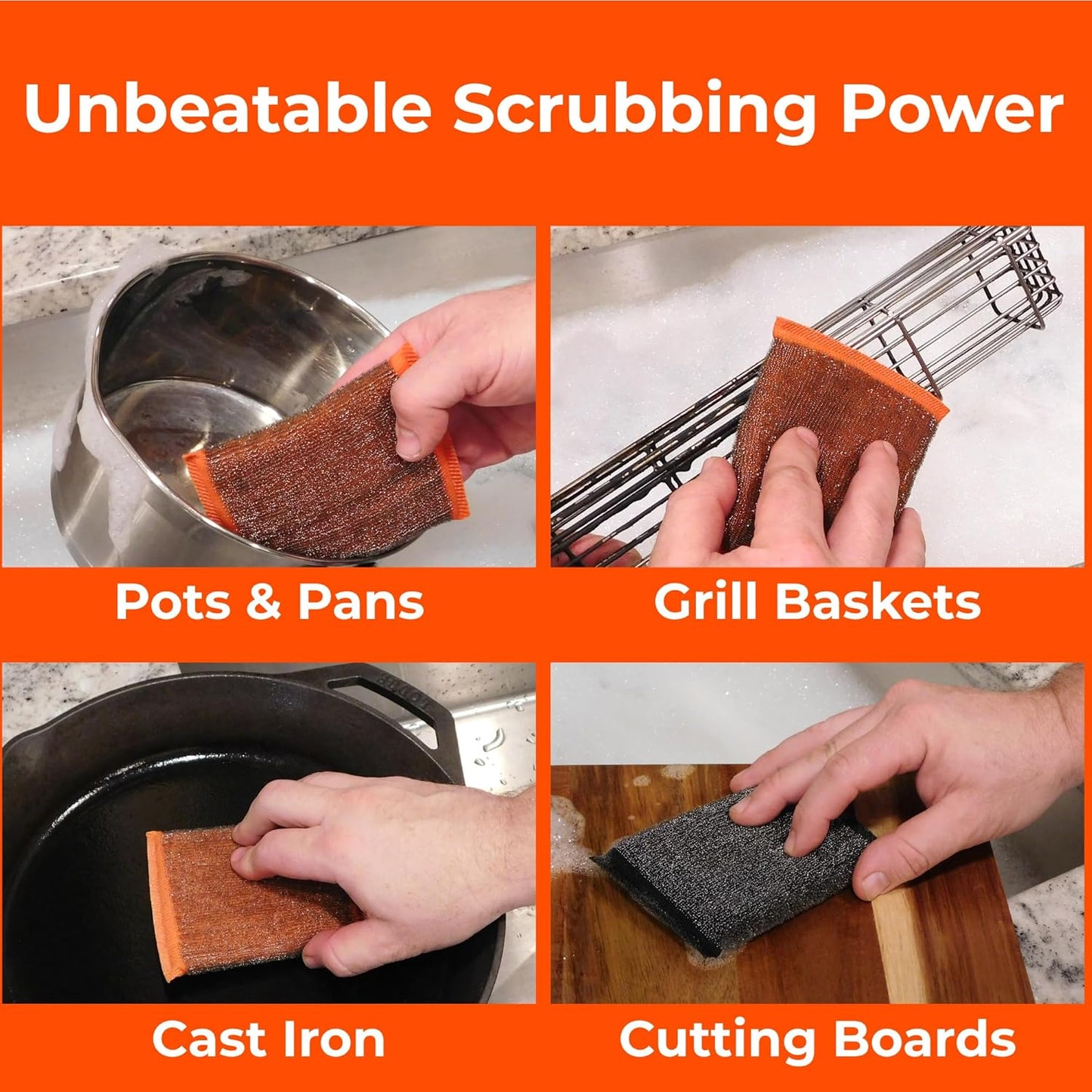 Heavy-Duty Steel Wool Scrubber Sponges 4 Pack – Stainless Steel Cleaning Pads for Dishes, Pots, Pans, Grills & Ovens – Durable Multi-Surface Kitchen Scrubbing Tools for Tough Grease & Burnt Food