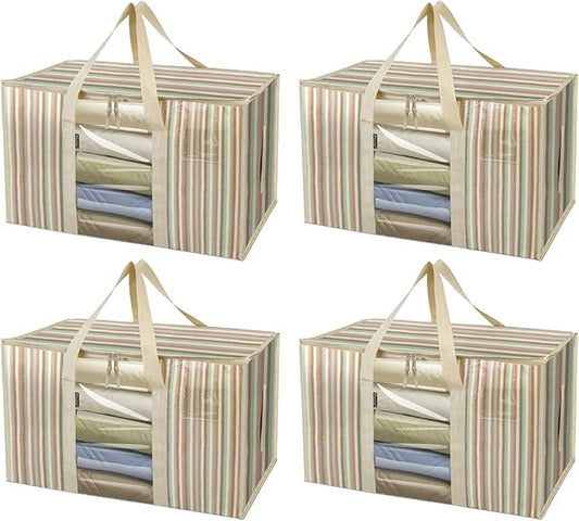 BALEINE 4-Pack Oversized Moving Bags with Reinforced Handles, Heavy-Duty Storage Tote Moving Supplies for Packaging, Camping (Color Stripe, 4-Pack)