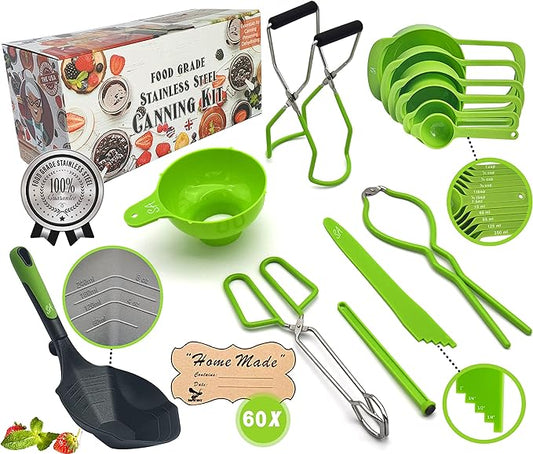 Supa Ant Canning Supplies - US Assembled Certified Food Grade Stainless Steel Canning Kit with XL Ladle, Wide Kitchen Funnel, Jar Lifter and Wrench, Bubble Popper/Measurer, Lid Lifter, Kitchen Tongs