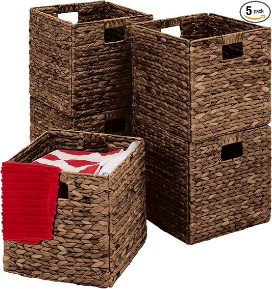 Best Choice Products 13x13in Pack of 5 Cube Storage Baskets, Water Hyacinth Multipurpose Collapsible Organizers, Handwoven Laundry Totes for Laundry, Living Room, Kids Room & Nursery - Brown