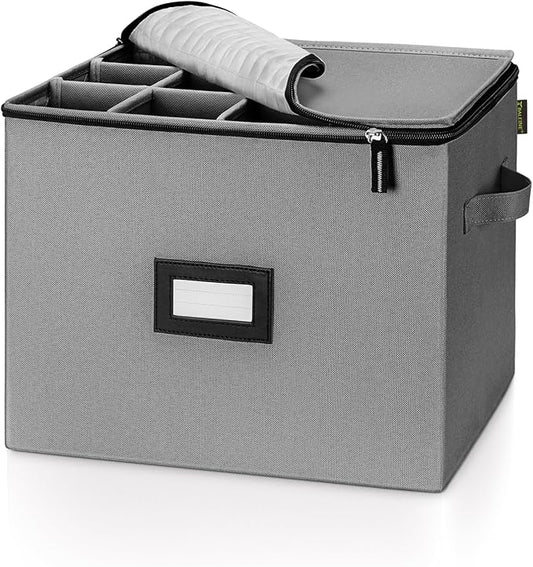 BALEINE China Storage Containers, Sturdy Quilted Wine Glass Storage, Plate Organizer with Carry Handles, Moving Boxes for Dishes, Cups, Mugs and Stemware (Champagne Flute, Hard Shell Grey)