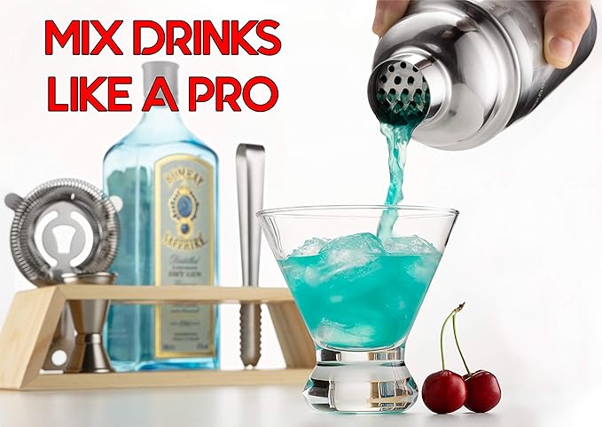 Cocktail Shaker Set Bartender Kit with Bamboo Stand – Professional Martini Shaker, Premium Stainless Steel Shaker Bottle, Complete Bar Accessories Gift Set and Mixology Kit for Home Bar & Drink Mixing