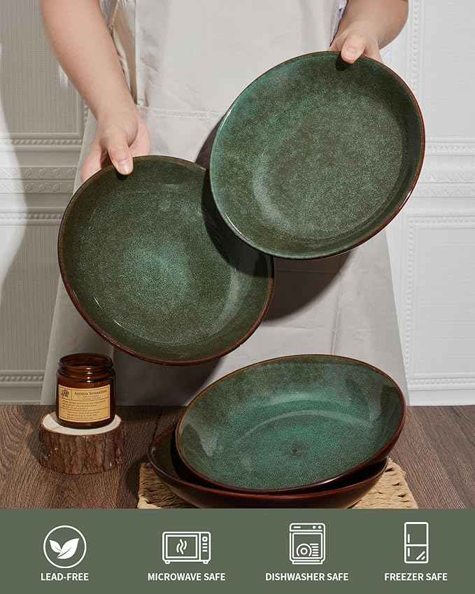16 Piece Double Bowl Dinnerware Sets with Pasta Bowls, Highly Chip and Crack Resistant Plates and Bowls Sets, Natural Earthyware Ceramic Dishware Sets, Service for 4 Sage Green