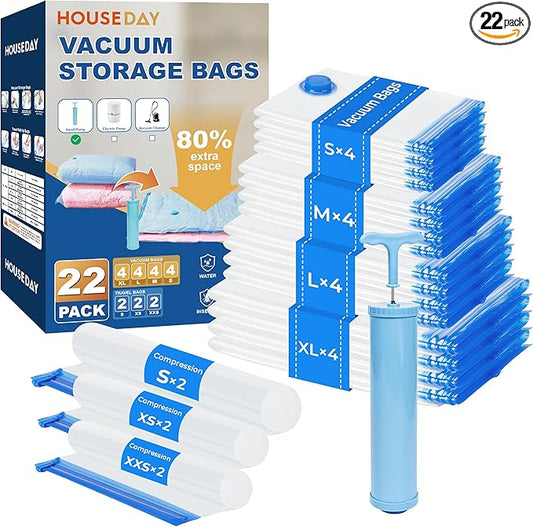 HOUSE DAY 22 Pack Vacuum Storage Bags with Pump,Space Saving Vacuum Seal Bags For Clothing Travel,4 Jumbo/4 Large/4 Medium/4 Small, 2S/2XS/2XXS Roll Up Bags, Hand Pump Included, Sealer Clothes Storage