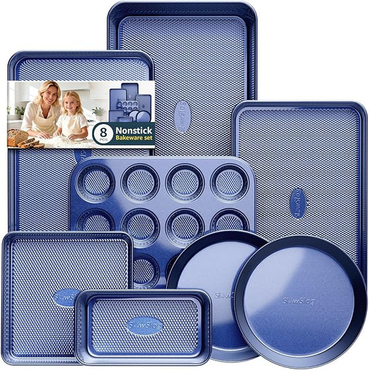 Baking Pans Set 8-Piece Bakeware Sets, Baking Sets for Cooking Nonstick Oven Pan Set, Baking Sheet Set, Cookie Sheets for Baking, Muffin Pan, Ceramic Coated Blue