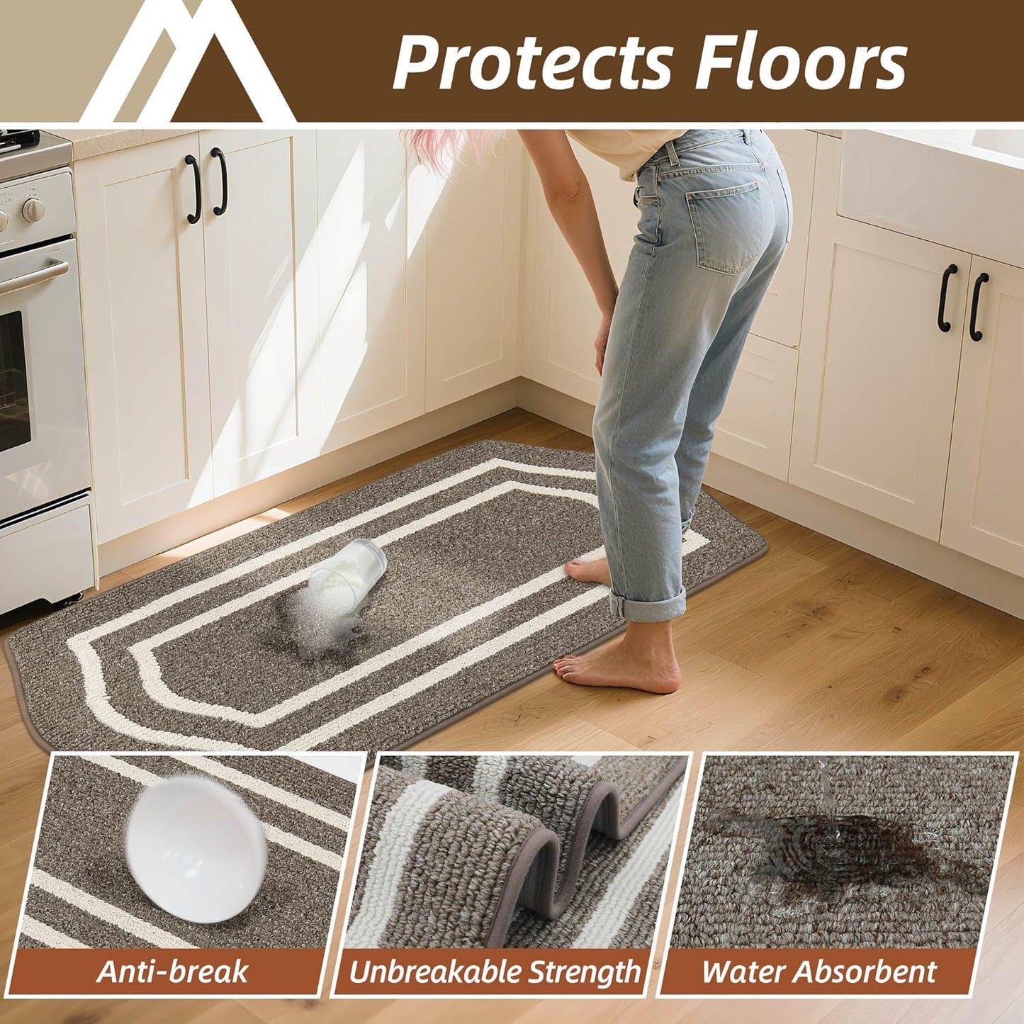 COSY HOMEER Long Kitchen Floor Mats for in Front of Sink Super Absorbent Kitchen Rugs and Mats 24"x59" Non-Skid Kitchen Mat Standing Mat Washable,Polypropylene,Brown,Frame