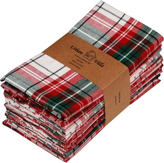 Urban Villa Cloth Napkins (Set of 12) 20x20 Inches 100% Cotton Dinner Napkins Hotel Quality Reusable & Washable Table Dinner Napkins for Home & Weddings -(Christ Checks)