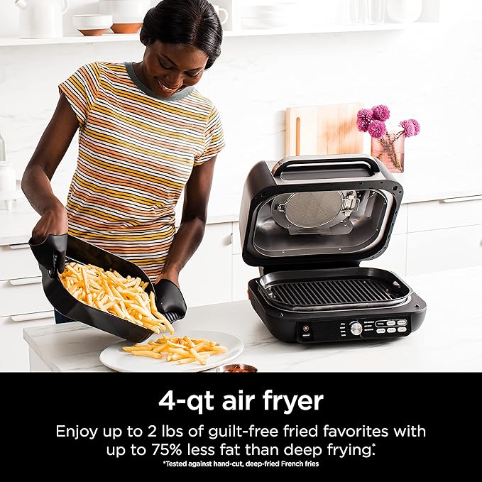Ninja IG651 Foodi Smart XL Pro 7-in-1 Indoor Grill/Griddle Combo, use Opened or Closed, Air Fry, Dehydrate & More, Pro Power Grate, Flat Top, Crisper, Smart Thermometer, Black