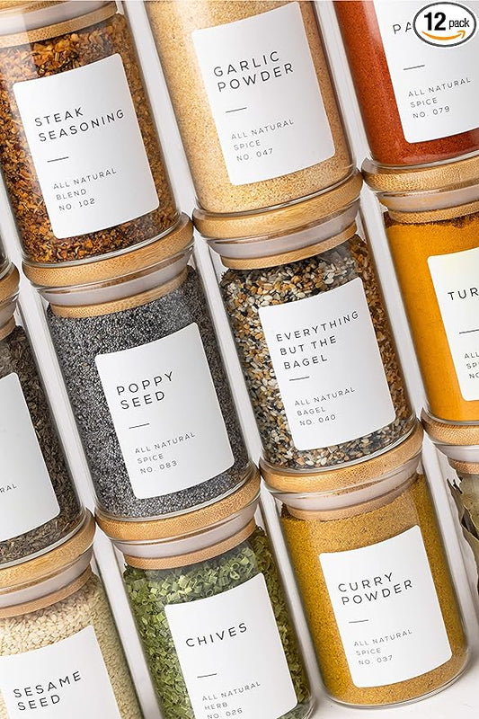 Bloomondo Empty Spice Jars with Label Pack (12x Bamboo Lid Glass Jar). Small 6oz Spice Storage Bottles with 112 Printed Stickers and 48 Writable Pantry Labels for Seasoning Containers