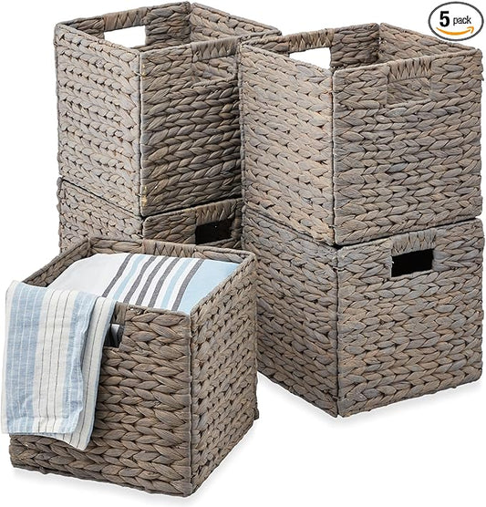 Best Choice Products 10.5x10.5in Pack of 5 Cube Storage Baskets, Water Hyacinth Multipurpose Collapsible Organizers, Handwoven Laundry Totes for Laundry, Living Room, Kids Room & Nursery - Gray