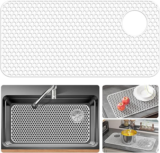 Bestjing Silicone Sink Protectors for Kitchen Sink - 28.4"x 14.3" Kitchen Protector Accessory, Non-Slip Heat Resistant Mat for Bottom of Farmhouse Porcelain Stainless Steel(Top Right Drain Hole,White)