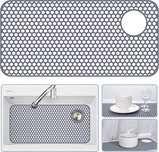 Bestjing Silicone Sink Protectors for Kitchen Sink - 28.4"x 14.3" Kitchen Protector Accessory, Non-Slip Heat Resistant Mat for Bottom of Farmhouse Porcelain Stainless Steel (Top Right Drain Hole,Gray)