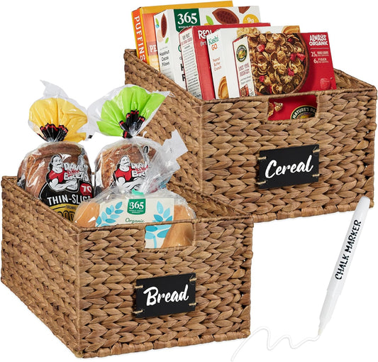 Best Choice Products Pantry Baskets Set of 2 16x12in Water Hyacinth Storage Baskets, Woven Wicker Kitchen Organizers with handles w/Chalkboard Label Chalk Marker - Chestnut