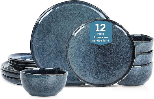 Stone Lain Mirella 12-Piece Stoneware Dinnerware Set, Service for 4, Reactive Glaze, Deep Blue – Includes Dinner Plates, Salad Plates, and Bowls – Modern Artisanal Design