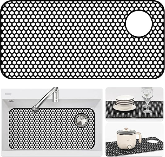 Bestjing Silicone Sink Protectors for Kitchen Sink - 28.4"x 14.3" Kitchen Protector Accessory, Non-Slip Heat Resistant Mat for Bottom of Farmhouse Porcelain Stainless Steel(Top Right Drain Hole,Black)