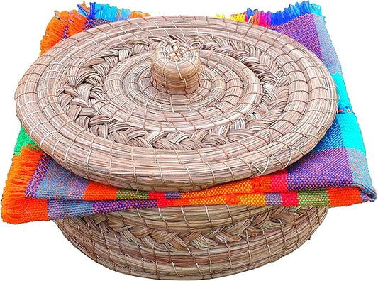 Authentic Mexican Tortilla Warmer Basket - Pine Needle Handwoven with Handloomed Cloth (Natural 8" w cloth)