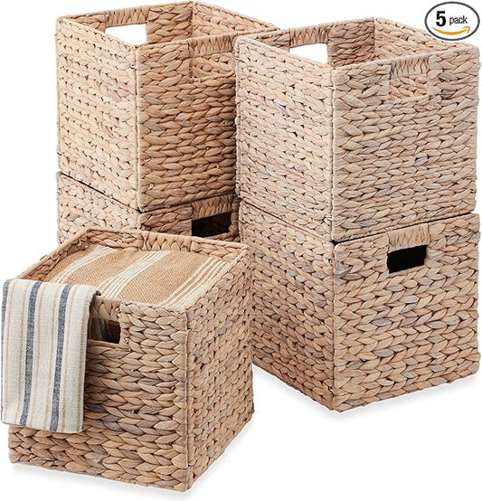 Best Choice Products 12x12in Pack of 5 Cube Storage Baskets, Water Hyacinth Multipurpose Collapsible Organizers, Handwoven Laundry Totes for Laundry, Living Room, Kids Room & Nursery - White