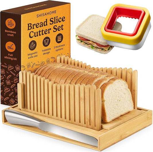 Bread Slicer Guide for Homemade Bread 2-In-1 Set: Sourdough Rounds Slicer, Sandwich Sealer | Bread Loaf Slicing, Adjustable Bamboo Bread Cutter With Knife & Magnetic slot