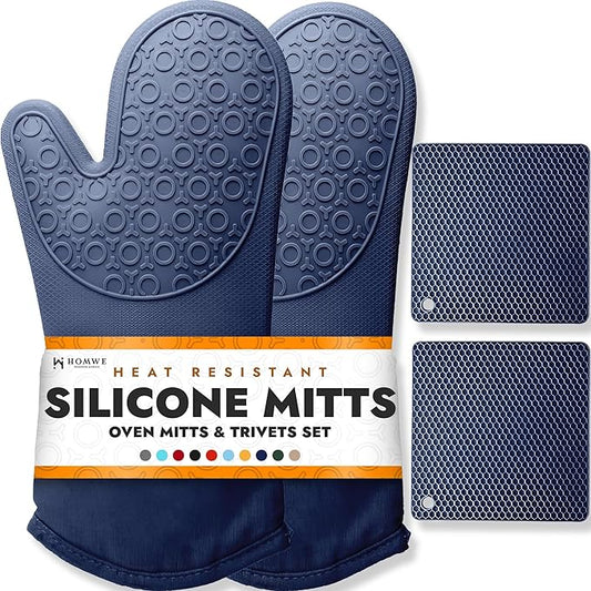 BPA-Free Soft Silicone 4 Piece Oven Mitts & Trivets Set - Ultra Heat Resistant Oven Mitts with Thick Cotton Liner - Long Slip Resistant Pot Holders, Flexible Oven Gloves - Navy