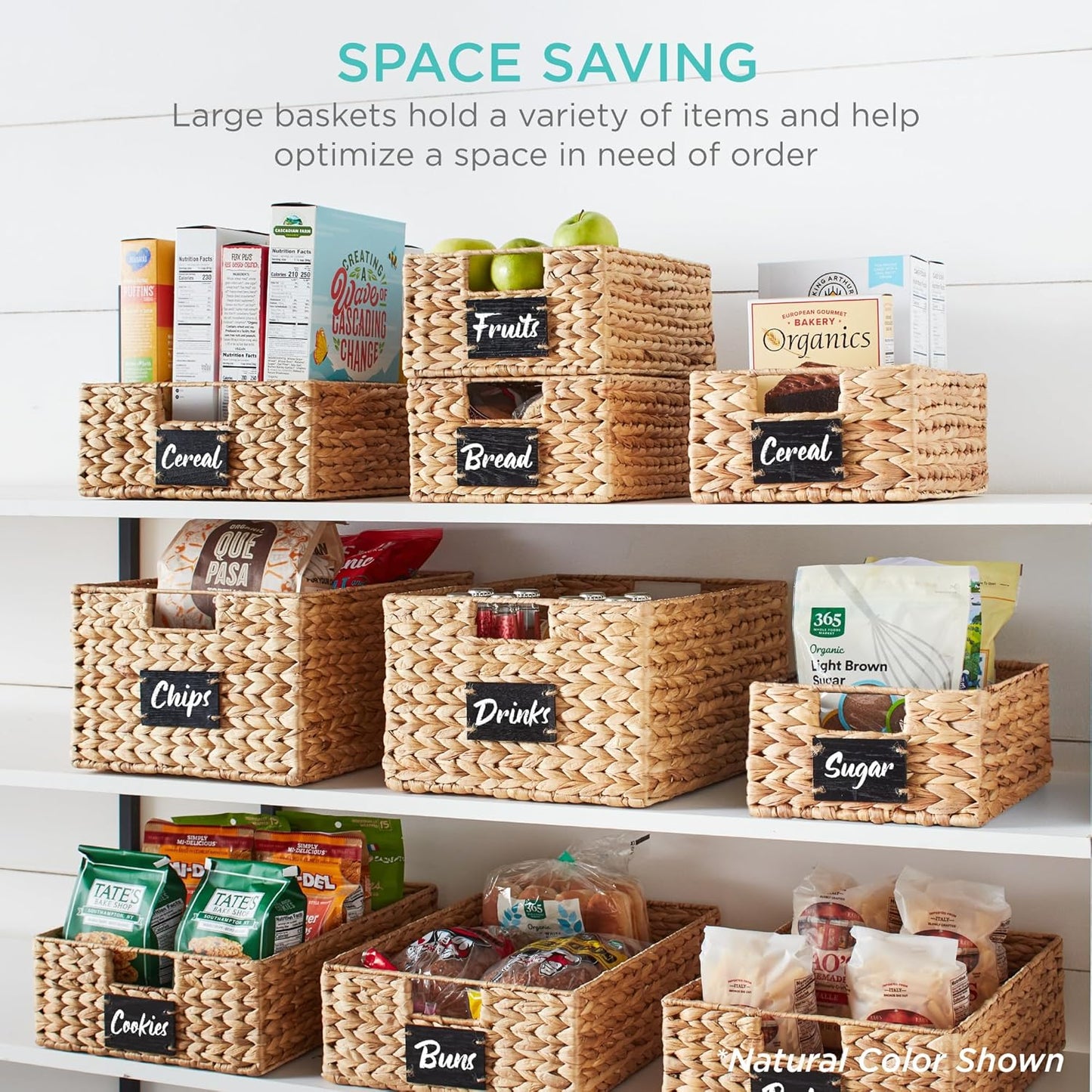 Best Choice Products Pantry Baskets Set of 2 16x12in Water Hyacinth Storage Baskets, Woven Wicker Kitchen Organizers with handles w/Chalkboard Label Chalk Marker - Gray
